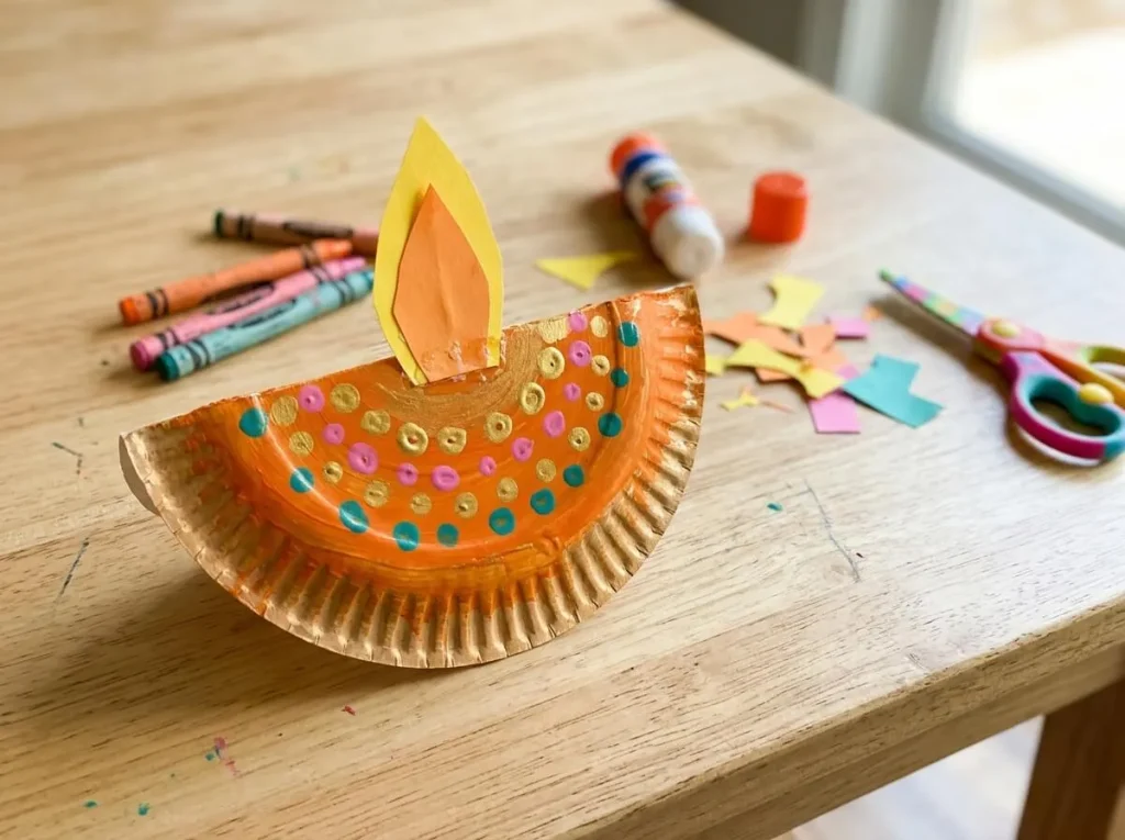 Paper plate diya painted orange and gold with a paper flame