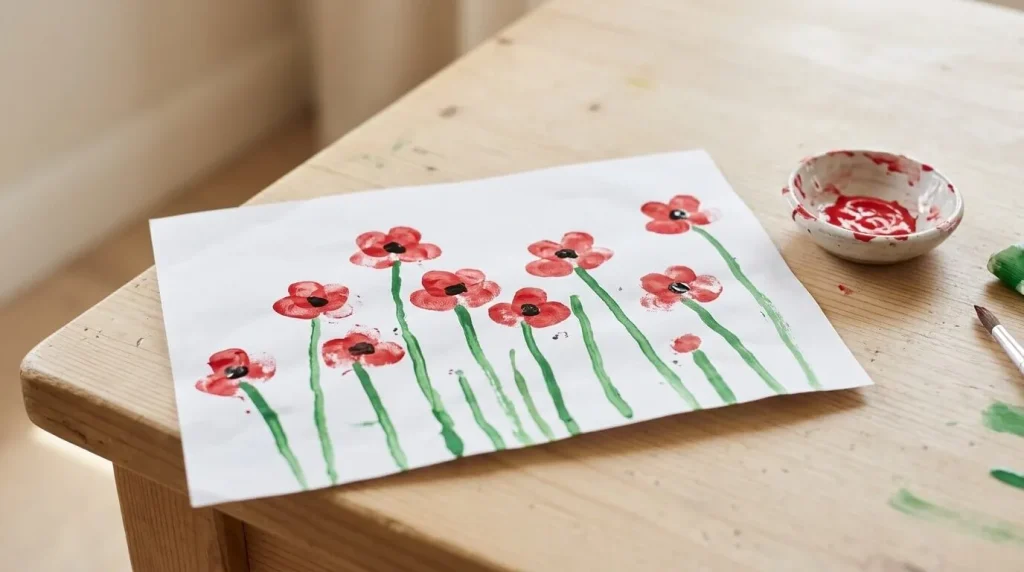 Thumbprint poppy field painted on paper with green stems