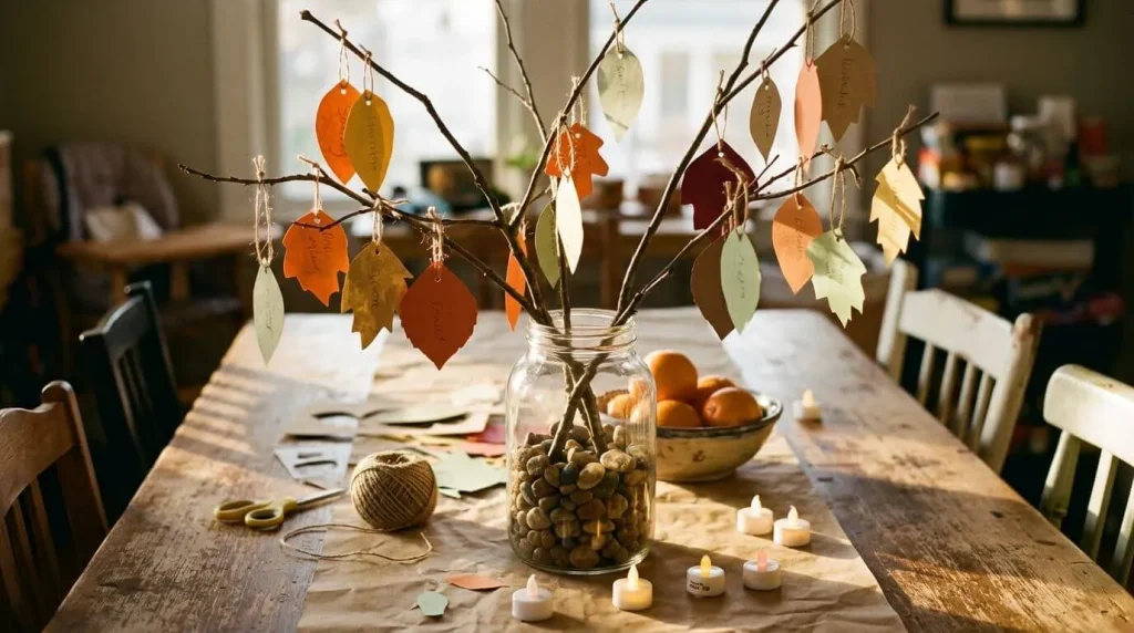 Gratitude tree centerpiece with paper leaf tags