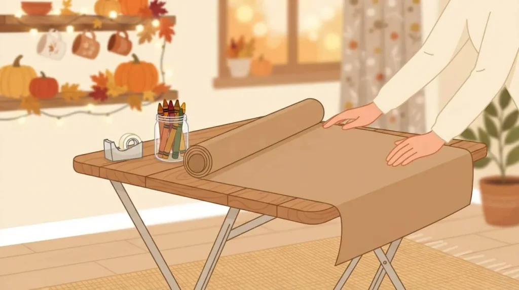 Covering a kids table with paper for Thanksgiving
