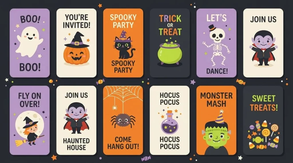 Grid of twelve Halloween invitation designs laid out from above