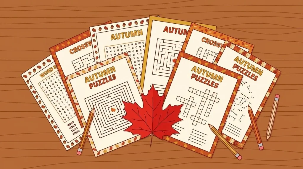 Eight printed Thanksgiving puzzle sheets fanned out with pencils and a maple leaf