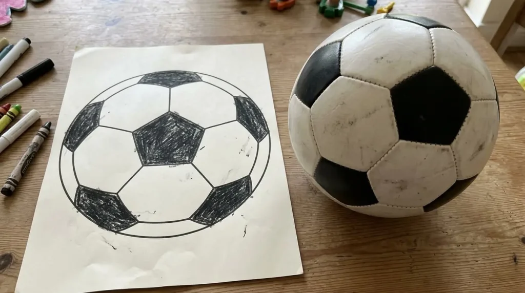 Classic soccer ball coloring page next to a real soccer ball
