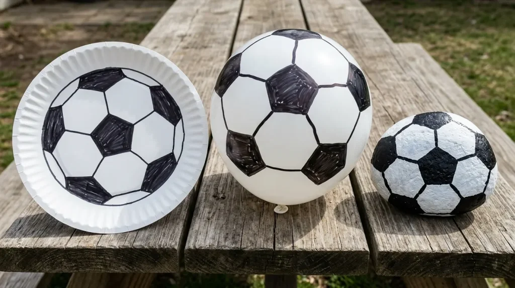 Paper plate, balloon and painted rock soccer ball crafts for kids