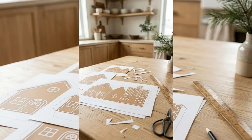 Free printable gingerbread house template pieces cut out on a table