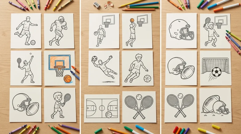 24 printable sports coloring pages laid out in a grid
