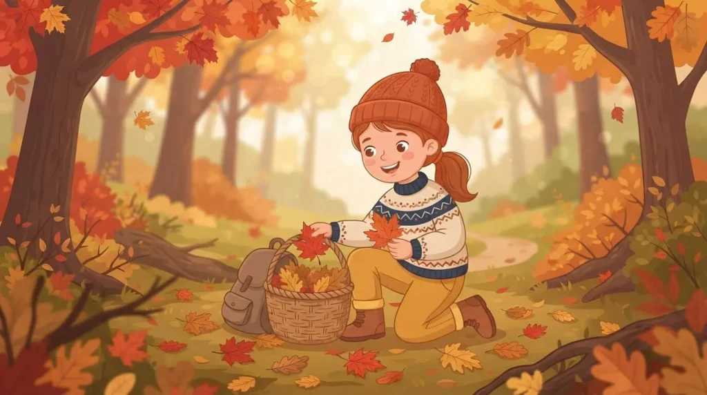 Child collecting autumn leaves for Canadian Thanksgiving crafts
