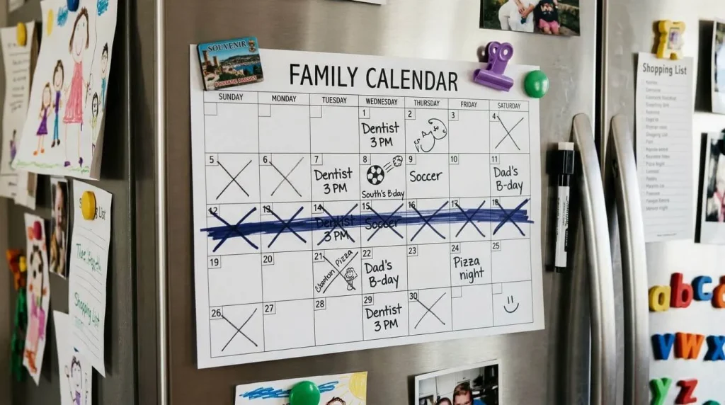 Paper advent calendar page held on a fridge with a magnet