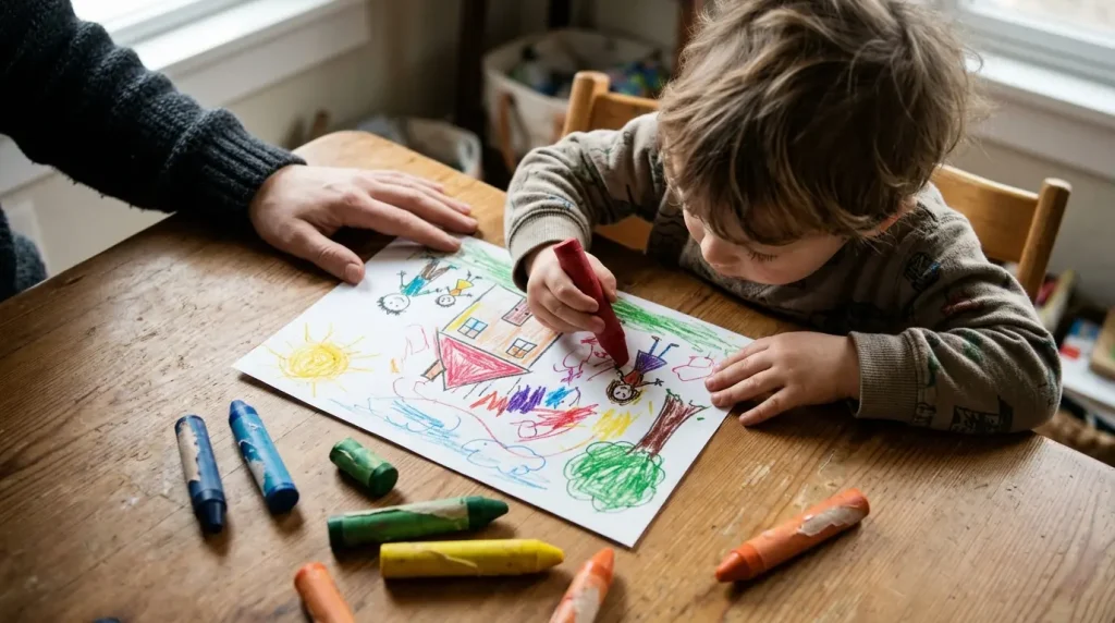 Small child drawing on a letter to Santa with chunky crayons