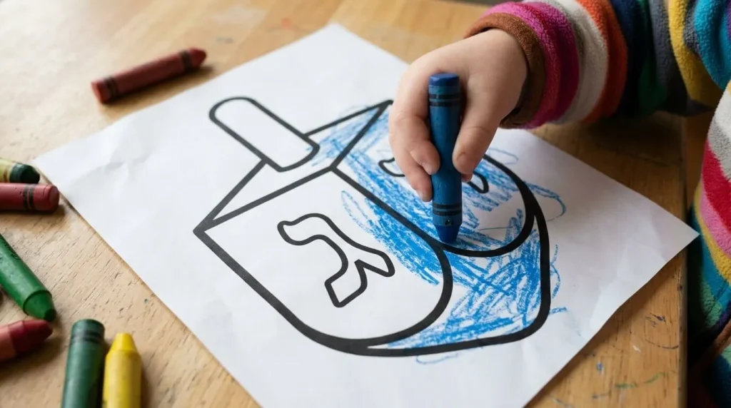 Toddler coloring a big dreidel with a blue crayon