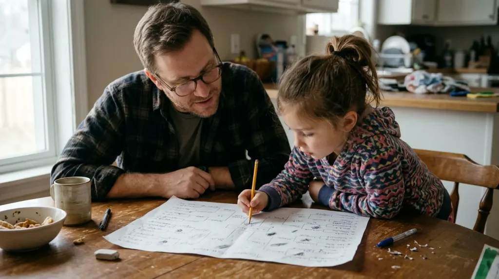 Parent and child filling in a paper soccer bracket