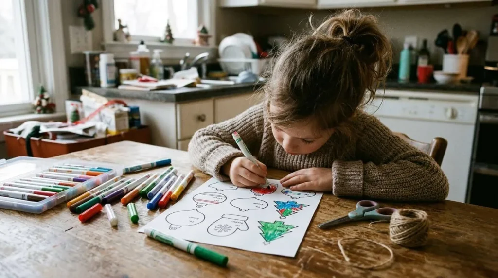 Child coloring Christmas gift tags with markers
