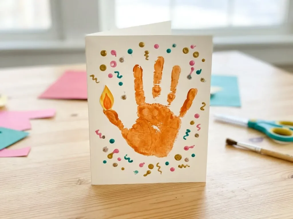 Handprint diya card with a painted flame on the thumb