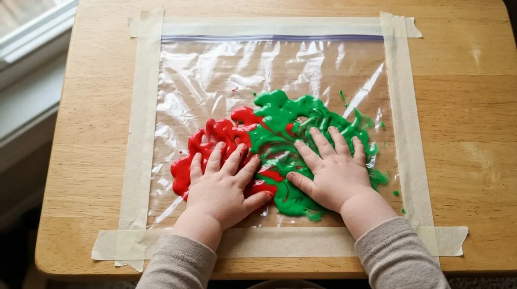 Toddler squishing paint in a sealed bag with a tree shape