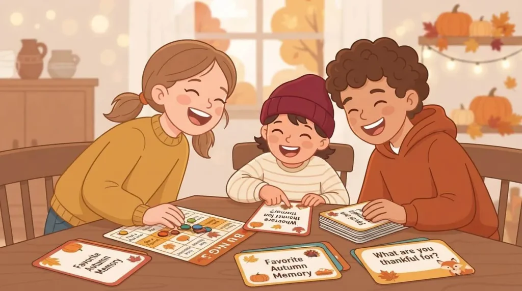 Children playing Thanksgiving table games with conversation cards
