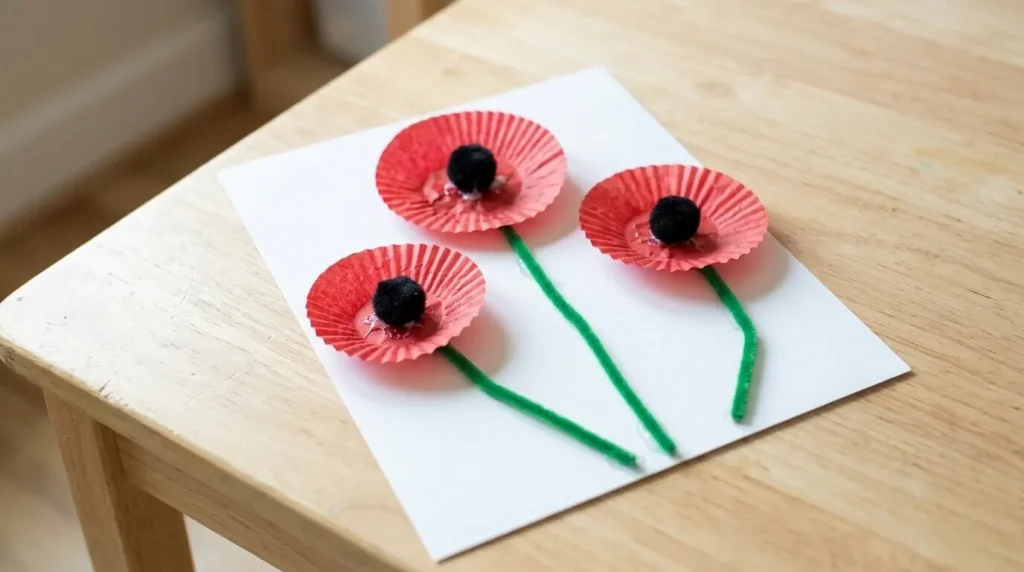 Red cupcake liner poppies with black pom-pom centers