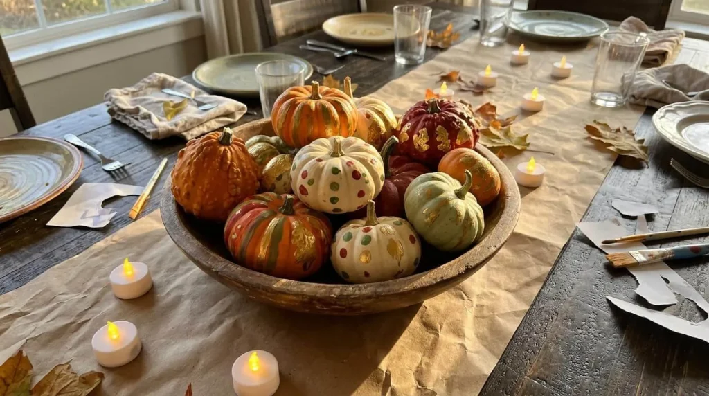 Kid-painted mini pumpkins in a wooden bowl