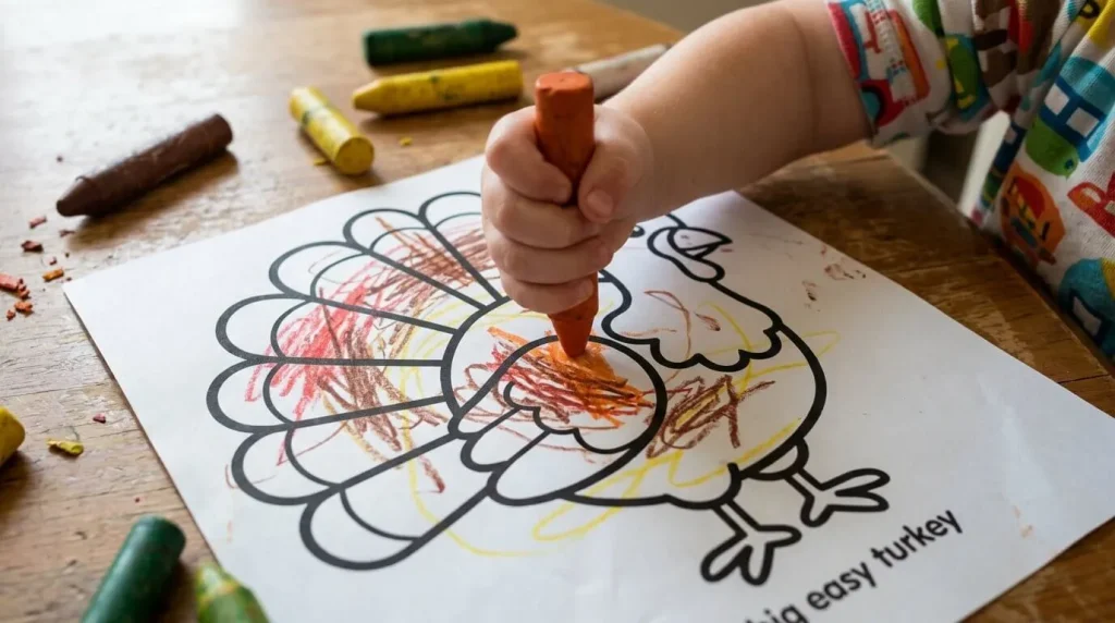 Toddler coloring an easy turkey page with thick lines