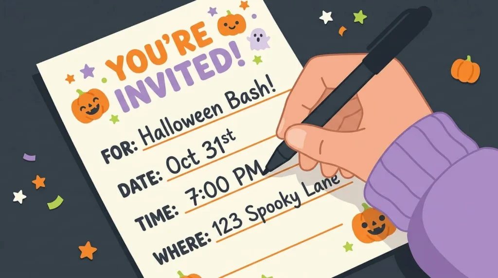 Hand writing party details onto a fill-in-the-blank Halloween invitation