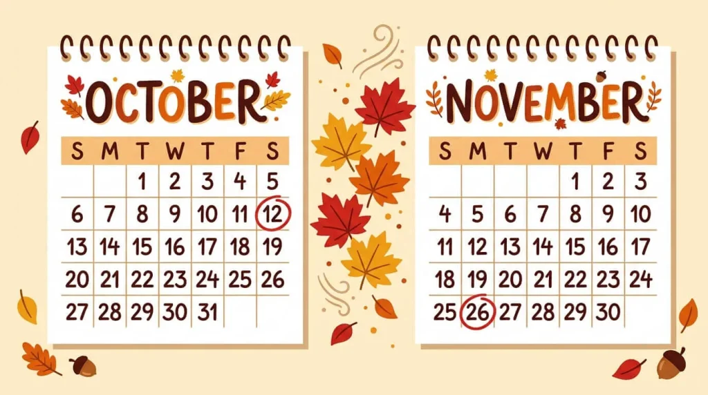 October 12 and November 26 circled on two calendars with maple leaves between