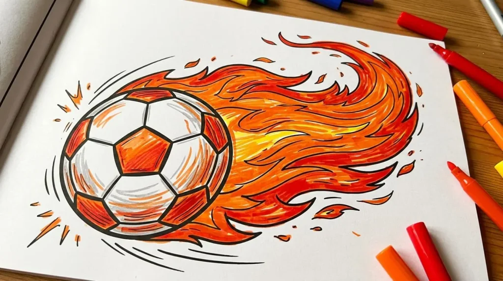 Soccer ball with a flame trail colored in orange and red