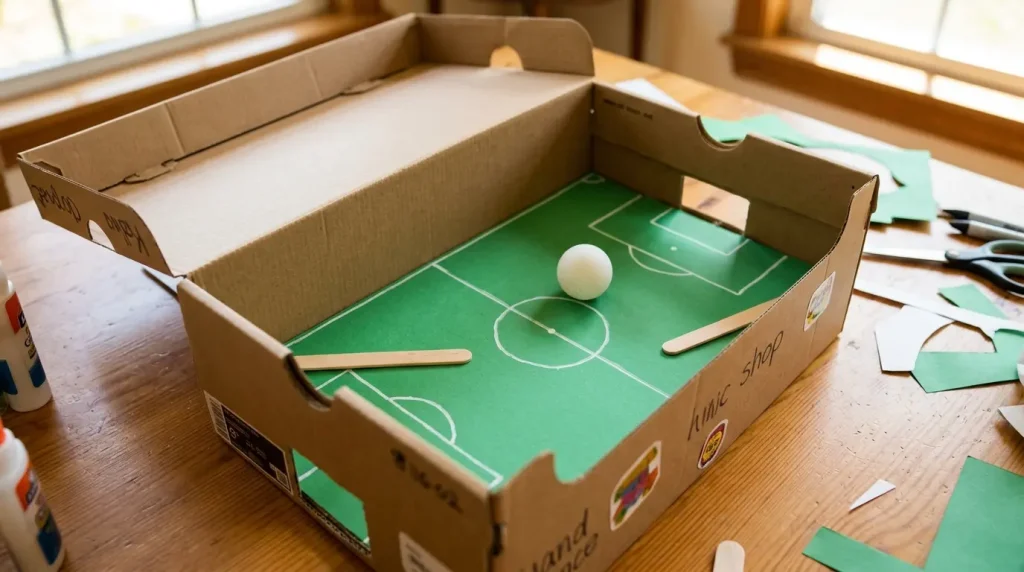 Shoebox soccer field game with a ping-pong ballShoebox soccer field game with a ping-pong ball