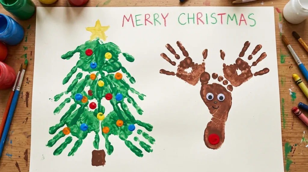 Handprint Christmas tree and footprint reindeer Christmas crafts for kids