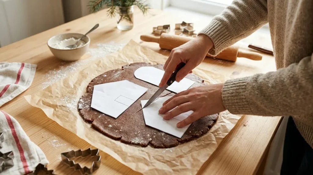  Cutting gingerbread dough around a gingerbread house template