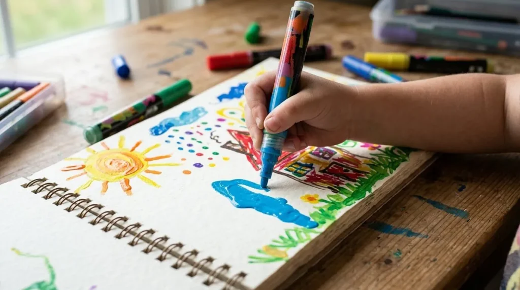 Kids' standing easel with a colorful painting and an art smock