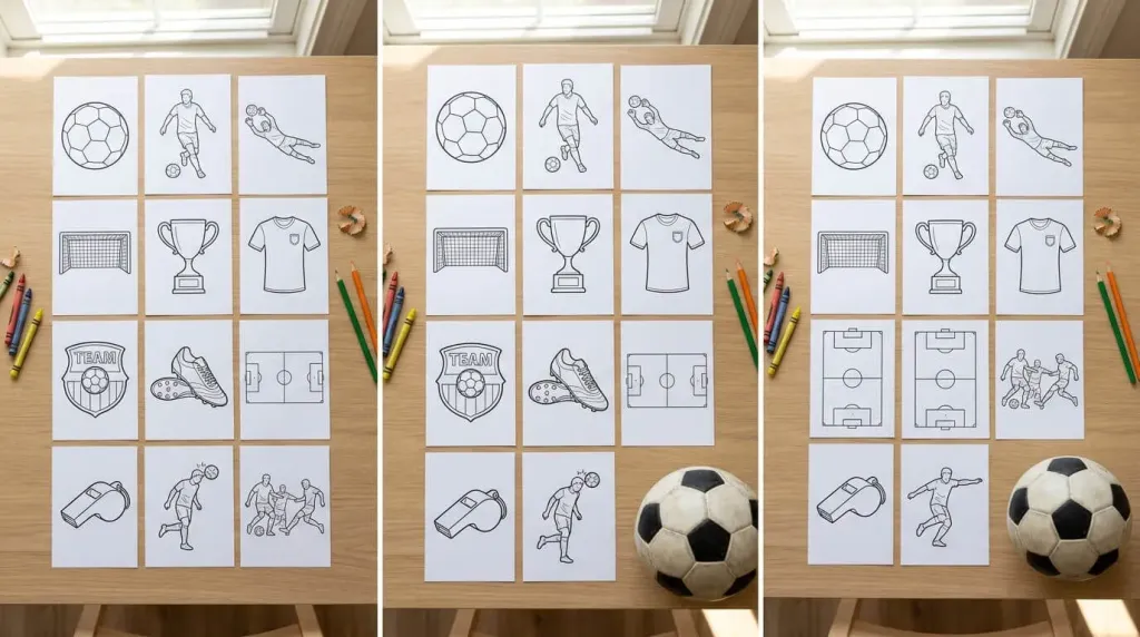 30 printable soccer coloring pages laid out in a grid