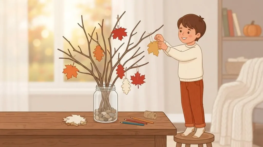 Gratitude tree craft with paper leaves in a jar
