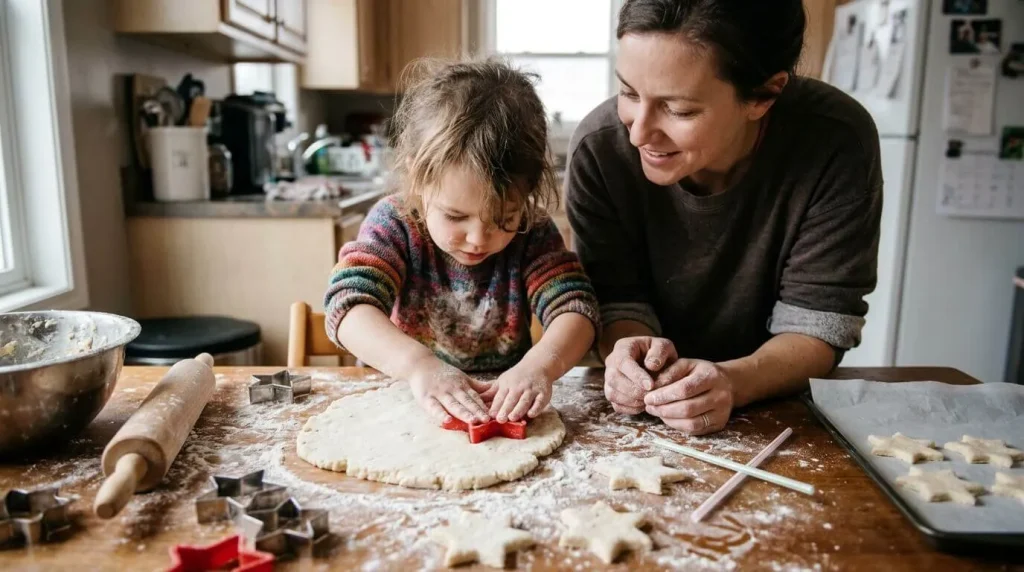 Toddler cutting star shapes from salt dough with a grown-up