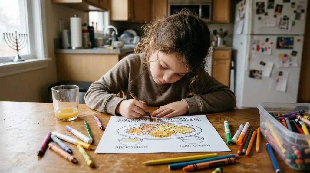 Child coloring a picture of latkes and applesauce