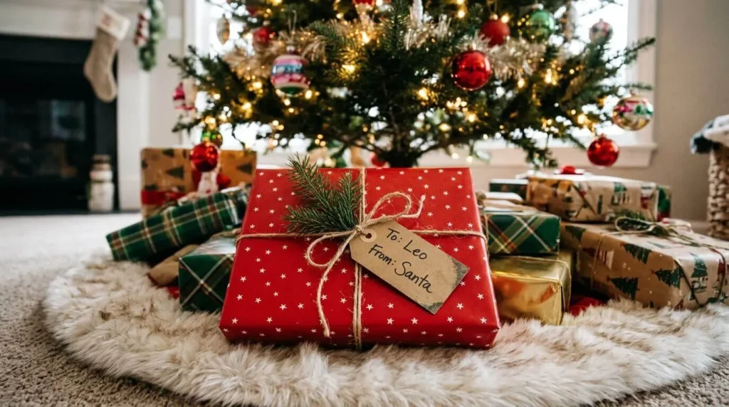 Present in starry wrapping paper with a tag from Santa