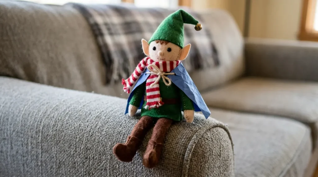 Toy elf wearing a tiny paper cape
elf on the shelf printables