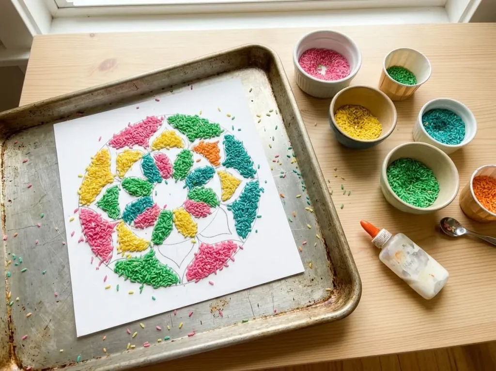 Colored rice rangoli, one of the Diwali crafts for kids ages 6 to 8