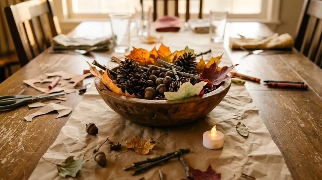 Nature bowl centerpiece with pinecones, acorns and leaves