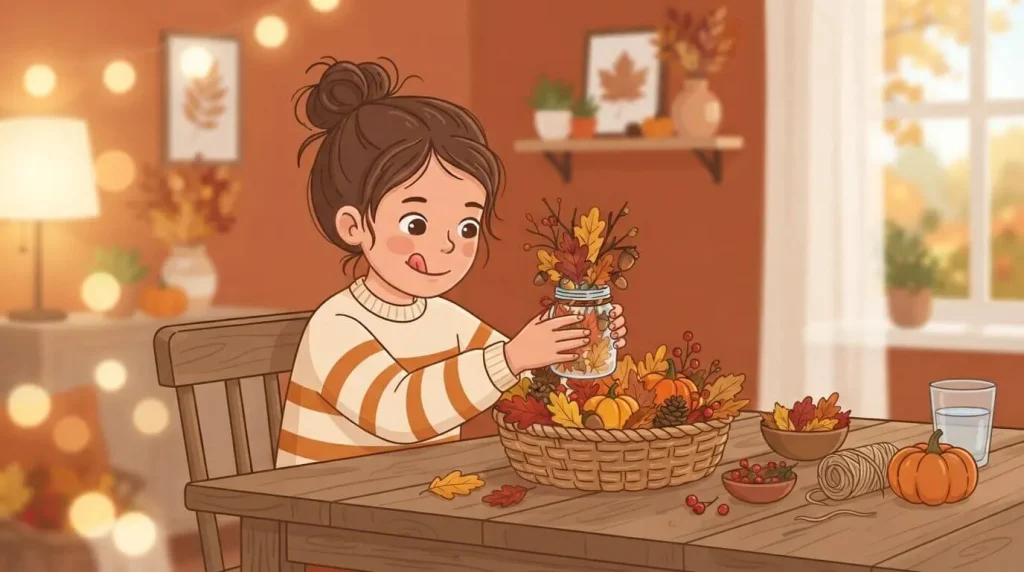 Child making a leaf centrepiece for the Thanksgiving kids table ideas