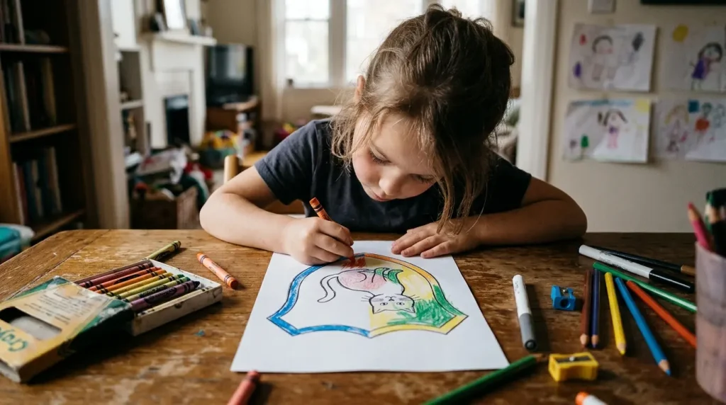 Child coloring a soccer crest with a cat in the middle