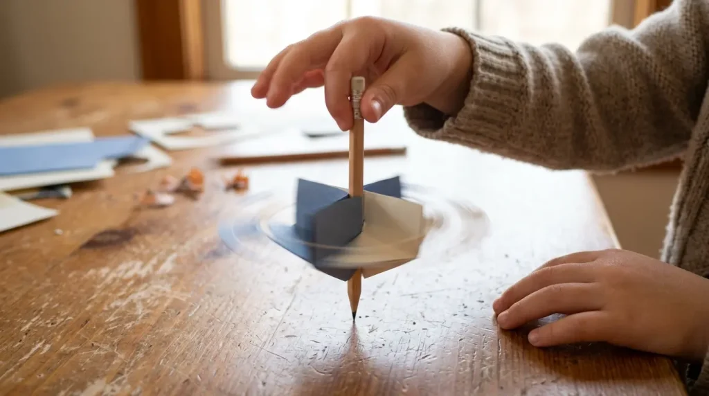 Paper dreidel with a pencil through the middle, spinning on a table