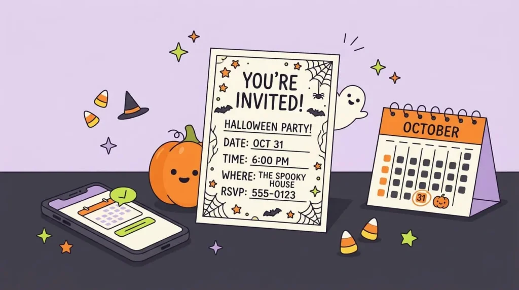 Halloween invitation with the time, RSVP date and phone number filled in