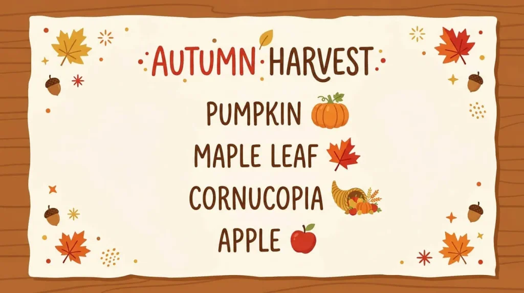 Canadian harvest word list with small drawings of pumpkin, maple leaf and cornucopia