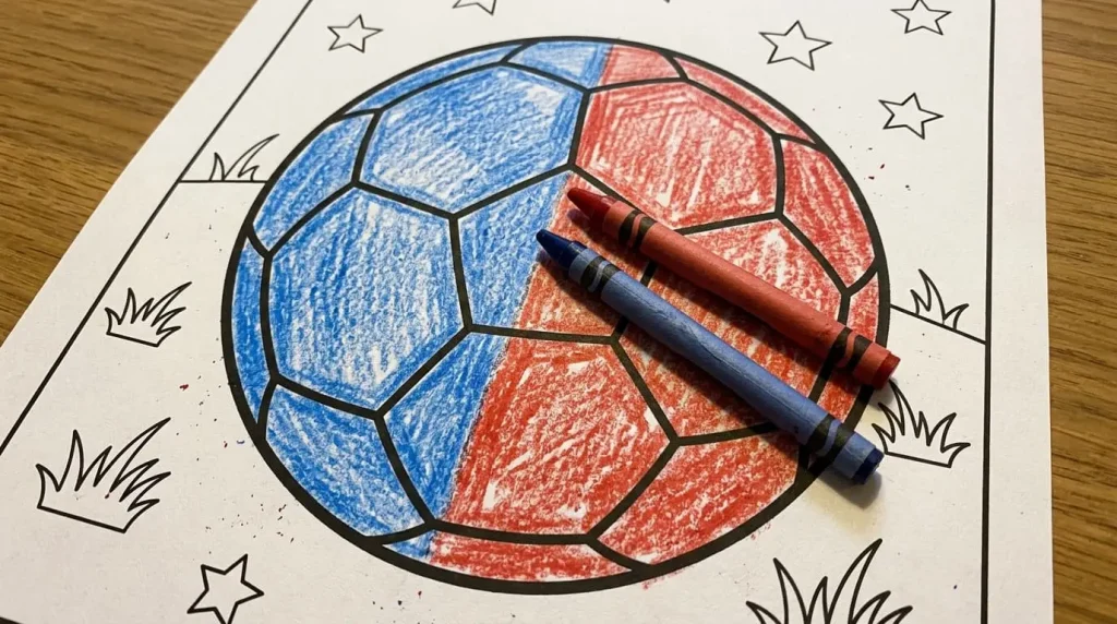 Split soccer ball colored half blue and half red