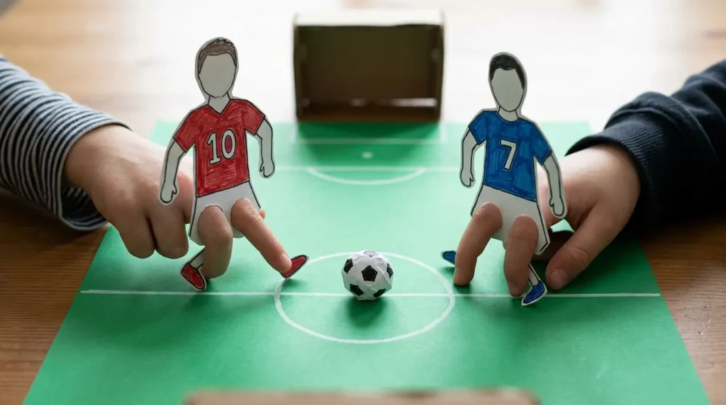 Paper finger soccer players kicking a tiny ball