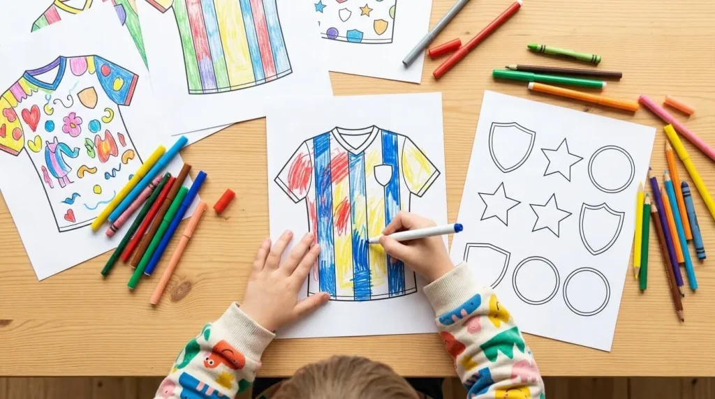 Child coloring a blank soccer jersey template with markers
