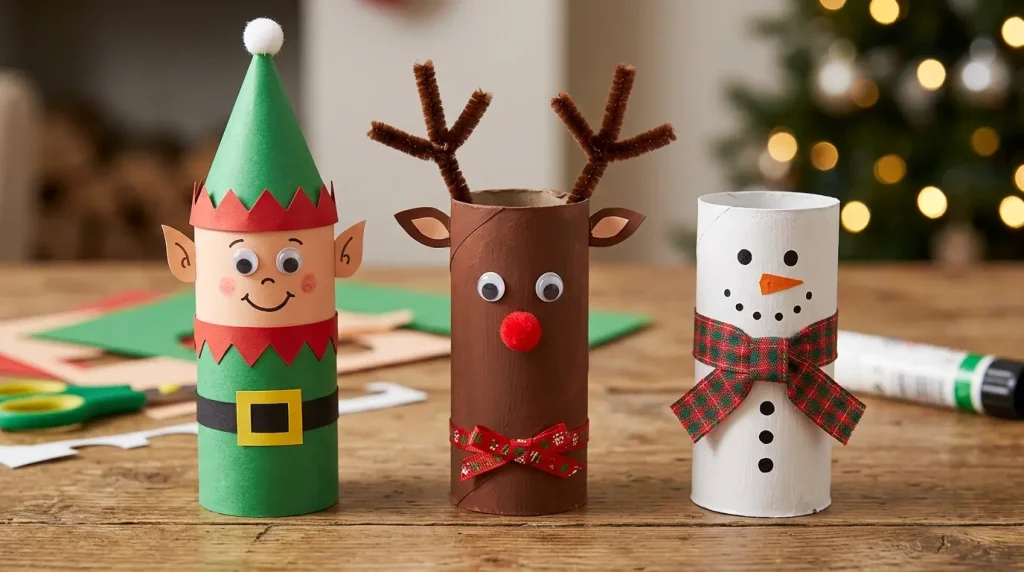 Toilet roll elf, reindeer and snowman
