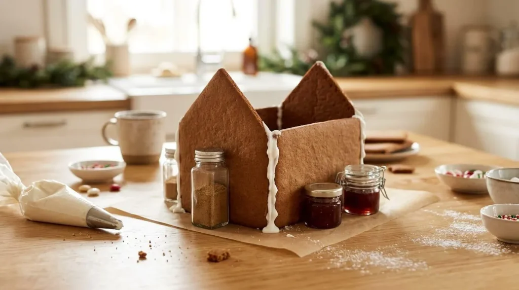 Gingerbread walls glued with royal icing and propped up while they set