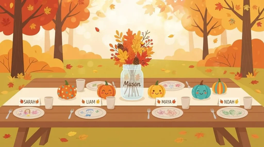 Thanksgiving table decorated with crafts kids made
