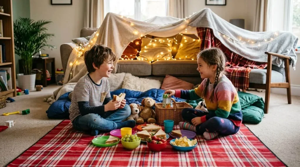 Two kids having an indoor picnic under Christmas lights