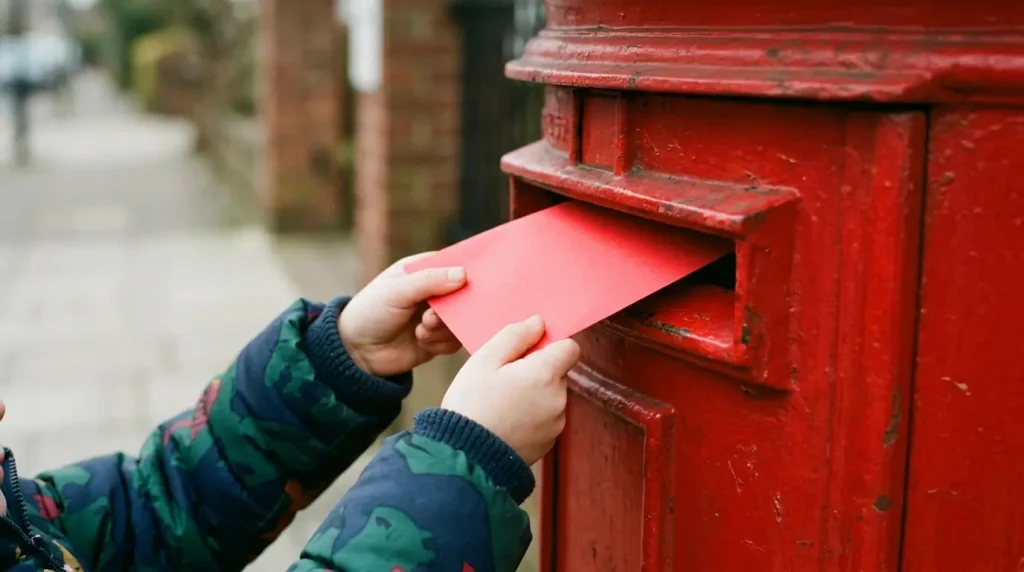Child posting a red envelope addressed to Santa